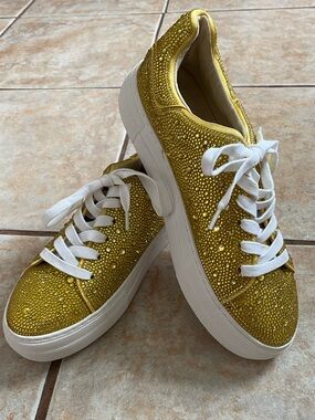 Betsey Johnson Yellow Gold Crystal Rhinestone Bedazzled Platform Sneakers
